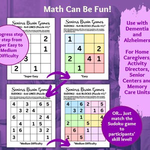 May include: Four Sudoku puzzles with different difficulty levels, labeled "Super Easy", "Easy", and "Medium Difficulty". The puzzles are designed for seniors with dementia and Alzheimer's. The text "Progress step by step from Super Easy to Medium Difficulty" is included.