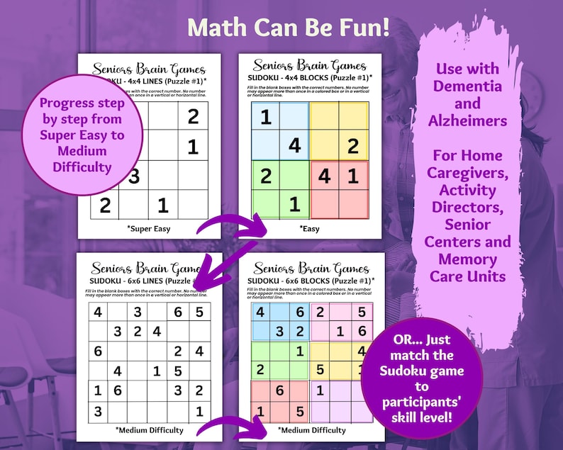 May include: Four Sudoku puzzles with different difficulty levels, labeled "Super Easy", "Easy", and "Medium Difficulty". The puzzles are designed for seniors with dementia and Alzheimer's. The text "Progress step by step from Super Easy to Medium Difficulty" is included.