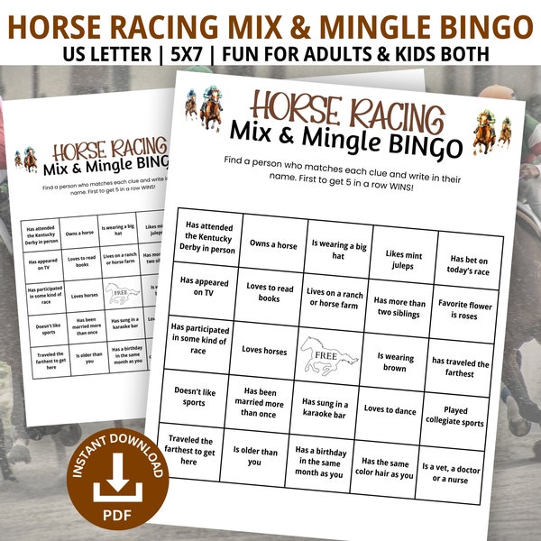 Horse Racing Mix and Mingle Bingo, Horse Race Game, Family Game Night, Derby Trivia, Kids Word Game, Horse Party, Find the Guest, Icebreaker