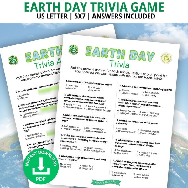 Earth Day Trivia Game, Earth Day Game, Family Game Night, Earth Day Trivia Questions, Games for Kids, Earth Day Activity