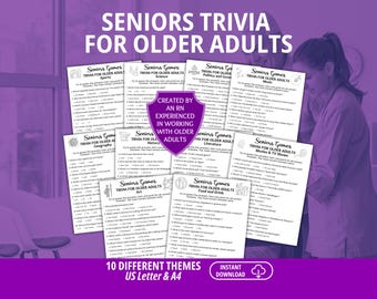 May include: A collection of ten printed trivia game sheets titled Seniors Trivia for Older Adults, featuring various categories like sports, science, and history. A central purple shield badge states Created by an RN experienced in working with older adults.