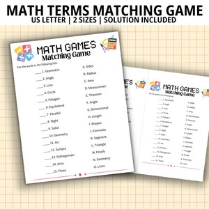 May include: A printable math terms matching game for kids. The game features two pages with a list of math terms and their definitions. The game is designed to help kids learn about different math concepts.