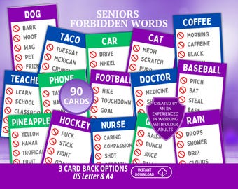 Juego de palabras prohibidas, juegos para personas mayores, juegos para personas con demencia, juego de adivinar la palabra, tarjetas para personas con demencia, juegos mentales. Trivia para personas mayores