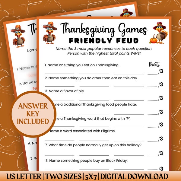 Thanksgiving Friendly Feud Game, Thanksgiving Game, Friendsgiving Game, Friendly Feud, Thanksgiving, Family Party Games, Office Party Games