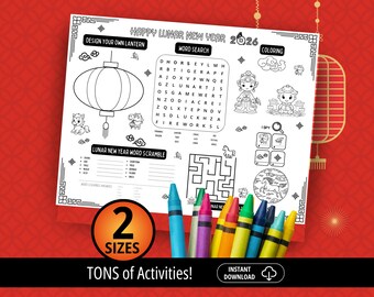 Lunar New Year, Kids Placemats, Activity Mat, Chinese New Year, Year of the Horse Activity, Activity Placemats, Lunar Coloring Page