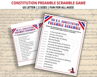 Puede incluir: Un juego imprimible para niños y adultos para aprender sobre la Constitución de los Estados Unidos. El juego presenta un esquema de color rojo, blanco y azul con un gráfico de martillo. El texto en el juego dice "The U.S. Constitution Preamble Scramble".