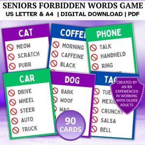 Jeu de mots interdits, jeux pour personnes âgées, jeux sur la démence, jeu devinez les mots, cartes sur la démence, jeux de réflexion. Anecdotes pour les seniors