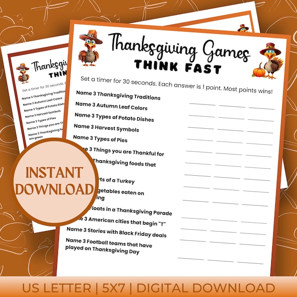 Thanksgiving Think Fast Game, Thanksgiving Game, Friendsgiving Game, Family Party Games, Office Party Games, Thanksgiving Party