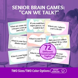 May include: A set of rectangular cards titled Senior Brain Games: Can We Talk? featuring 72 different conversation topics. Each card contains a unique question printed in black text on a white background with pastel-coloured scalloped borders.