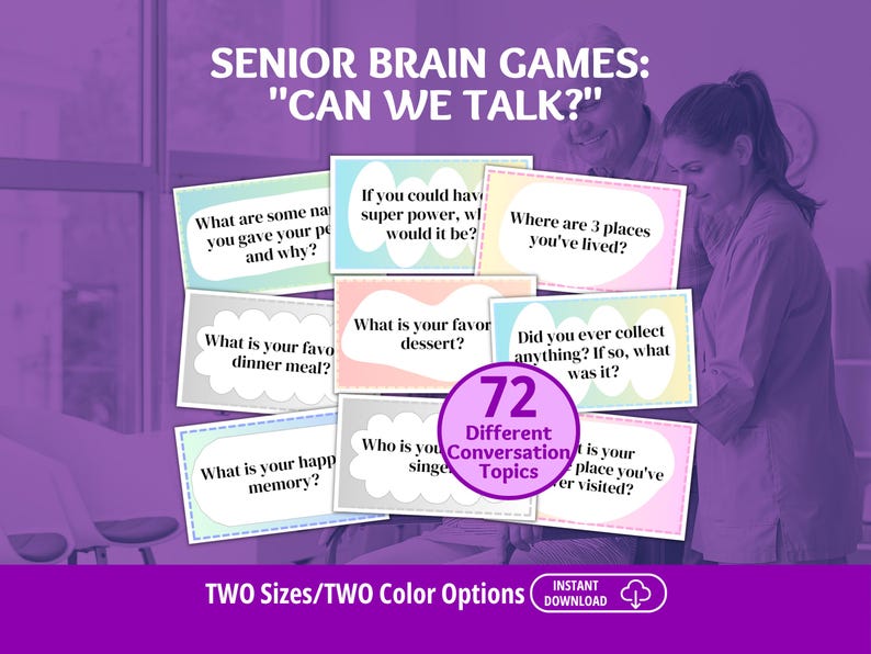 May include: A set of rectangular cards titled Senior Brain Games: Can We Talk? featuring 72 different conversation topics. Each card contains a unique question printed in black text on a white background with pastel-coloured scalloped borders.