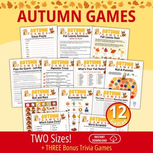 May include: A collection of twelve printable Autumn Games activity sheets featuring titles like Emoji Puzzle, Pumpkin Trivia, and Roll A Pumpkin. Each white paper sheet displays orange text, cartoon owls, and raccoons, with a red 12 Games badge.