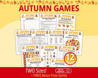 May include: A collection of twelve printable Autumn Games activity sheets featuring titles like Emoji Puzzle, Pumpkin Trivia, and Roll A Pumpkin. Each white paper sheet displays orange text, cartoon owls, and raccoons, with a red 12 Games badge.