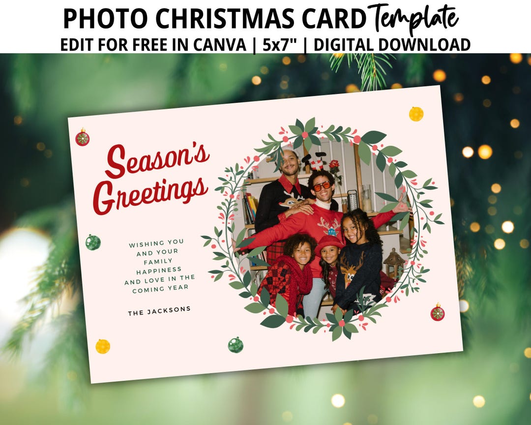 Christmas Wreath Photo Card Template, Canva Christmas Card Template