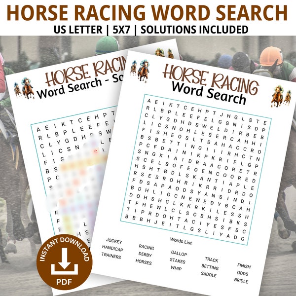 Horse Racing Word Search Game, Horse Race Game, Family Game Night, Word Search Puzzle, Kids Word Search, Horse Party, Word Game