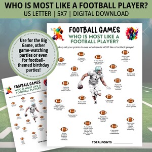 Op de afbeelding: Een printbaar spel voor een voetbalfeest. Het spel vraagt: "Wie is het meest als een voetballer?" en heeft een lijst met vragen over voetbal. Het spel is ontworpen om te worden afgedrukt op een US Letter formaat papier.