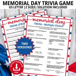 Memorial Day Trivia Game, TWO Versions, Patriotic Trivia Games, Memorial Day Games, Patriotic Games, Icebreaker Games, Family Game Night
