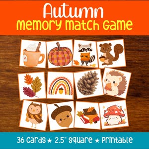 Könnte beinhalten: Ein Kartenspiel mit Illustrationen für ein Herbst-Memory-Spiel. Die Karten zeigen herbstliche Bilder wie einen Kürbis, einen Waschbären, ein Eichhörnchen und einen Igel. Der Text "Autumn Memory Match Game" ist oben zu sehen. Jede Karte ist 6,35 cm groß.