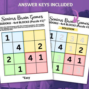 May include: A printable Sudoku puzzle with a 4x4 grid, divided into four colored blocks. The puzzle is labeled "Seniors Brain Games Sudoku - 4x4 Blocks (Puzzle #1)* Easy". The solution is shown on the right side of the image.