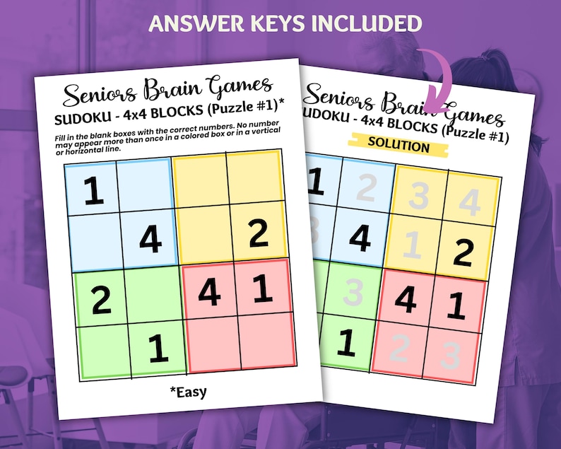 May include: A printable Sudoku puzzle with a 4x4 grid, divided into four colored blocks. The puzzle is labeled "Seniors Brain Games Sudoku - 4x4 Blocks (Puzzle #1)* Easy". The solution is shown on the right side of the image.