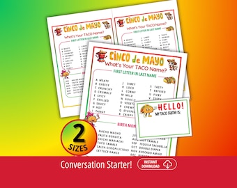 Whats Your Taco Name Game, Cinco de Mayo Games, Fiesta Party, Fiesta Games, Taco Tuesday, Name Generator, BONUS NAMETAGS + SIGN