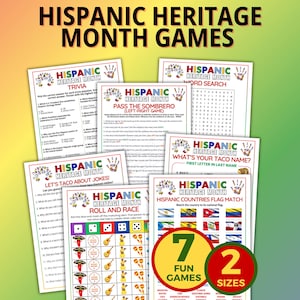 May include: A collection of seven Hispanic Heritage Month games, including trivia, word search, and flag matching. The games are printed on white paper with colorful accents and the text "Hispanic Heritage Month" at the top. The image also includes a yellow circle with the text "7 FUN GAMES" and "2 SIZES".