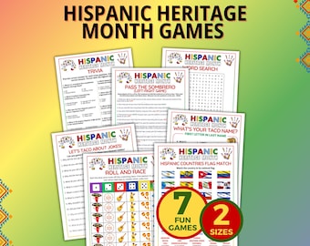 Op de afbeelding: Een verzameling van zeven Hispanic Heritage Month-spellen, waaronder trivia, woordzoekers en vlaggenmatchen. De spellen zijn gedrukt op wit papier met kleurrijke accenten en de tekst "Hispanic Heritage Month" bovenaan. De afbeelding bevat ook een gele cirkel met de tekst "7 FUN GAMES" en "2 SIZES".