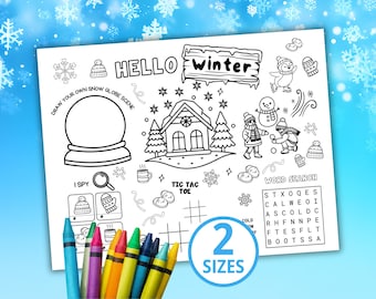 Winter Activity Sheet, Winter Game, Activity Placemat, Winter Coloring, Kids Placemat, Kids Coloring, Winter Crafts
