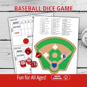 May include: A baseball dice game set featuring two printed score sheets with inning grids, a baseball field diagram, and four translucent red six-sided dice. The text BASEBALL DICE GAME is at the top, and Fun for All Ages! is at the bottom.