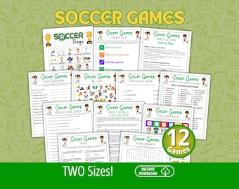May include: A collection of 12 printable soccer games on white paper sheets, including Bingo, Candy Dice, Mad Libs, Fast Answers, I Spy, Matching, Name Generator, Riddles, Pass the Ball, Roll and Race, Trivia, and Word Search with green text.
