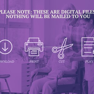 May include: A purple graphic overlay featuring the text PLEASE NOTE: THESE ARE DIGITAL FILES; NOTHING WILL BE MAILED TO YOU. Below are four white icons with labels: a download arrow, a printer, scissors, and a document with a pencil labelled DOWNLOAD, PRINT, CUT, PLAY.
