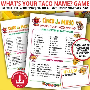 Whats Your Taco Name Game, Cinco De Mayo Games, Fiesta Party, Fiesta ...