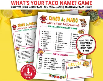 What's Your Taco Name Printable Party Game, Taco Tuesday Nickname Generator Sign With Name Tags And Cards, Cinco De Mayo Fiesta Family Games