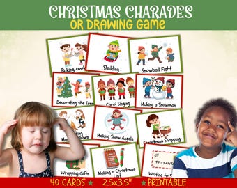 May include: Christmas Charades or Drawing Game cards featuring illustrations of holiday activities like baking, sledding, and making snow angels. The cards are 2.5 x 3.5 inches and include the text "Printable".