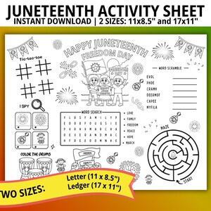 Pode incluir: Uma folha de atividades do Juneteenth em preto e branco com vários jogos e quebra-cabeças, incluindo jogo da velha, I Spy, uma busca de palavras e um labirinto. A folha apresenta o texto "Happy Juneteenth Freedom Day" e está disponível em dois tamanhos.