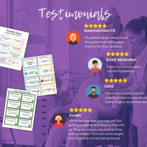 May include: A digital product display featuring three printable game sheets titled Dementia Games CAN WE TALK? and PASS THE BUCK GAME, alongside four customer testimonials with five-star ratings from users named lesamorrison74, Kristi McMullen, Luca, and Karen.