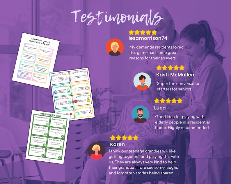 May include: A digital product display featuring three printable game sheets titled Dementia Games CAN WE TALK? and PASS THE BUCK GAME, alongside four customer testimonials with five-star ratings from users named lesamorrison74, Kristi McMullen, Luca, and Karen.