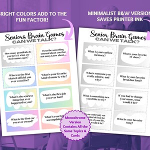 May include: Two printable sheets titled Seniors Brain Games CAN WE TALK? featuring conversation prompt cards. One sheet displays colourful pastel backgrounds, while the other is in black and white. Each card contains a unique question for discussion.