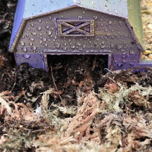 Könnte beinhalten: Ein Miniatur-Scheunenmodell mit einem lila und blauen Dach, einem grauen Äußeren und einem rechteckigen Fenster mit einem X-förmigen Design. Das Modell ist mit Wassertropfen bedeckt, was auf eine regnerische Umgebung hindeutet. Die Scheune befindet sich inmitten eines Bettes aus braunem und grünem Moos.