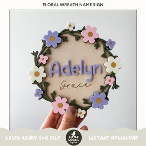 SVG Blumen Baby Namen Zeichen | Geburtsanzeige Runde | Krankenhaus Namensschild | Baby Name offenbaren | Baby-Dusche-Geschenk | Laser-Cut-Datei