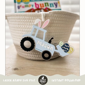Etichetta per cestino di Pasqua SVG / Etichetta per coniglietto trattore / Regalo di Pasqua per bambini / Etichetta con nome di Pasqua / Etichetta di Pasqua personalizzata / Decorazione di Pasqua / File tagliato al laser