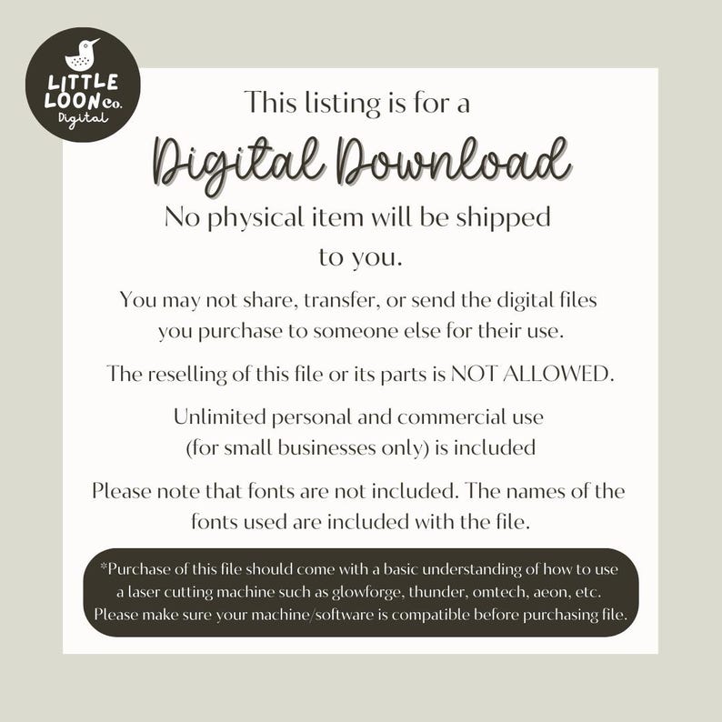 K&ouml;nnte beinhalten: Ein Hinweis auf einen digitalen Download mit dem Text "Diese Anzeige ist f&uuml;r einen digitalen Download. Es wird kein physischer Artikel versandt." Der Text enth&auml;lt auch Informationen &uuml;ber das Teilen, Weiterverkaufen und die Verwendung von Schriftarten.