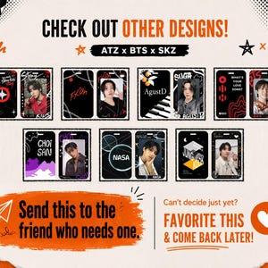 May include: A collection of rectangular ID badge holders featuring various graphic designs, including portraits of individuals, text like 'AgustD', 'NASA', 'JUNG KOOK', and 'CHOI SAN', and abstract patterns in black, white, red, and purple.