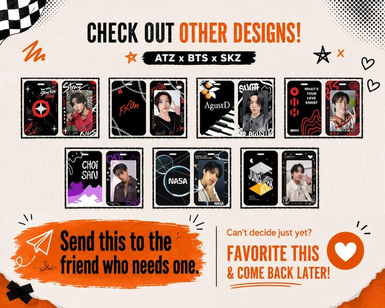 May include: A collection of rectangular ID badge holders featuring various graphic designs, including portraits of individuals, text like 'AgustD', 'NASA', 'JUNG KOOK', and 'CHOI SAN', and abstract patterns in black, white, red, and purple.