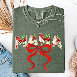 Comfort Colors Christmas Mama Bow Shirt, Christmas Gift for Mom, Xmas Christmas Tee Holiday, Retro Mom Sweatshirt, New Mom Pregnancy