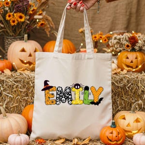 Personalized Halloween Canvas Tote Bag, Custom Name Trick Or Treat Bag, Halloween Name Tote, Kids Personalized Candy Bag, School Halloween