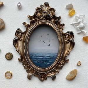 Moody Ocean Painting Original Framed Antique Seascape Oil Artwork Mini Ocean Paintings Vintage Style Landscape Art Small Gold Ornate Frame