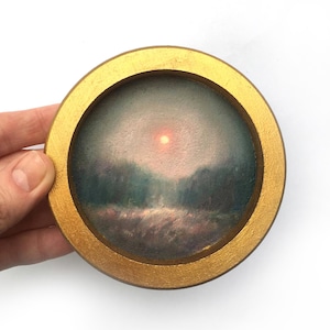Framed Landscape Original Painting Round Antique Moody Nature Art Vintage Landscape Small Gold Frame Mini Art Tiny countryside wall decor