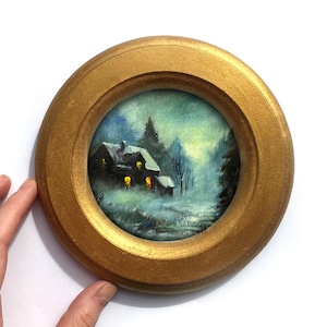 Pintura de paisaje enmarcada oscura y apagada Casa Halloween Academia oscura Decoración Cottagecore Arte de pared gótico melancólico Bosque brumoso original Niebla