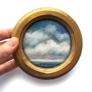 Dipinto originale con cornice del cielo, piccolo dipinto antico e malinconico, dipinto costiero, arte della natura, paesaggio vintage, piccola cornice, mini dipinto oceanico, costa