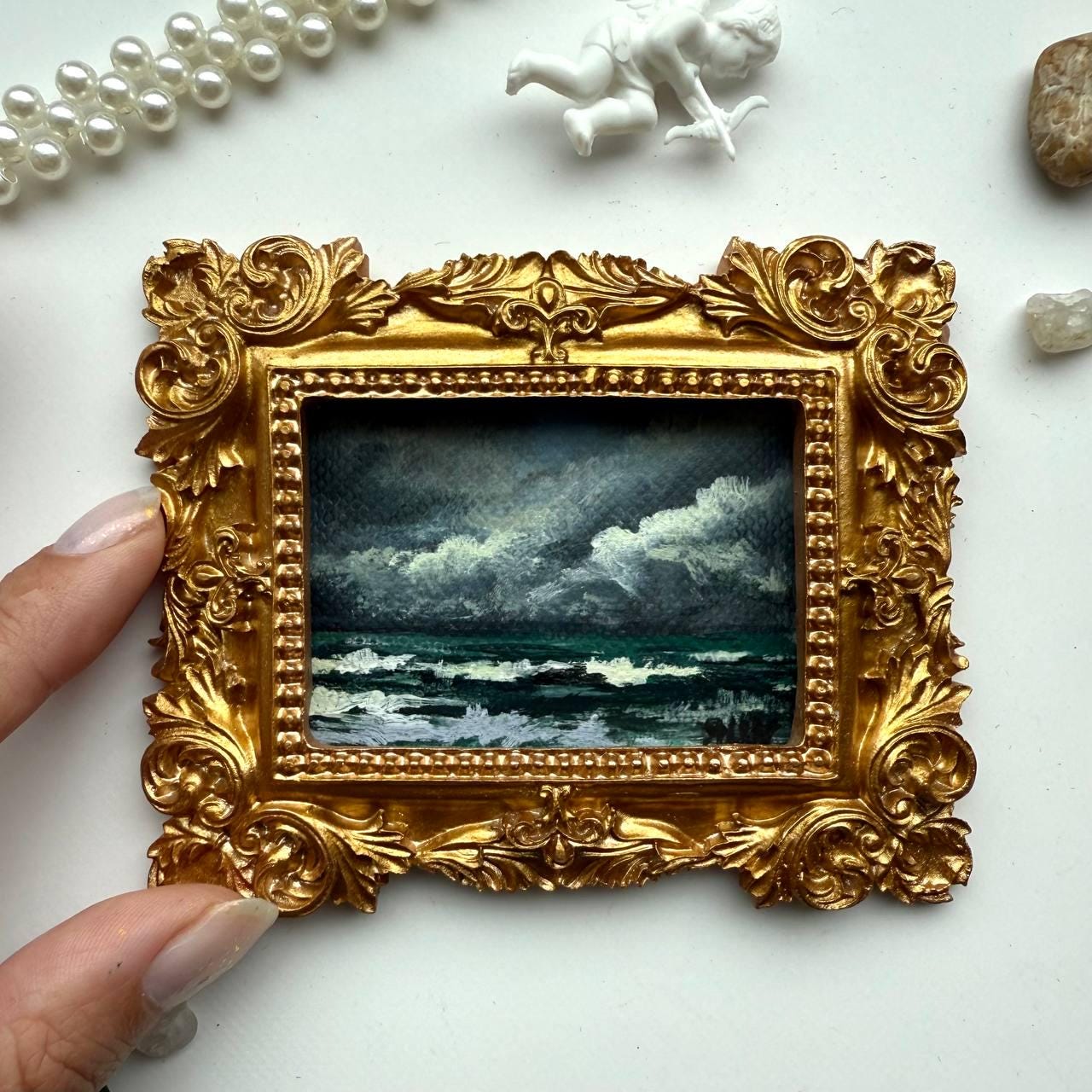 Ocean Oil Painting Framed Antique Original Moody Coastal Painting Nature Art Small Gold Frame Mini Ocean Art Coastline Stormy Ocean